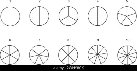 Kreis teilt sich in Teile von 1 bis 10. Vorlagen für Donut- oder Tortendiagramme. Runde Formen schneiden in gleichen Schichten. Satz Raddiagramme mit Sektoren auf weißem Hintergrund. Vektorkontur, Abbildung. Stock Vektor
