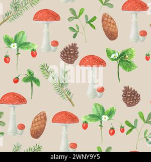 Nahtloses Muster mit Amanita-Pilzen, Zweigen von Kiefern, Fichten, Erdbeeren, Kegeln. Aquarell handgezeichnete botanische Illustration auf beigefarbenem Hintergrund Stockfoto