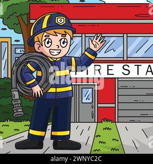 Feuerwehrmann Trägt Einen Farbigen Cartoon Mit Feuerschlauch Stock Vektor