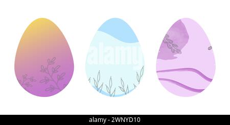 Ostereier mit abstraktem Frühlingsmuster. Farbiger weißer Hintergrund. Entwerfen Sie Postkartenverpackungsbroschüre. Vektorabbildung. Stock Vektor