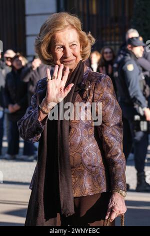 Madrid, Spanien. März 2024. Königin Sofia nimmt am 4. März 2024 an der Real Academia de Bellas Artes in Madrid, Spanien, an den „Iberoamerican Patronage Awards“ der Callia Foundation 2024 Teil. (Foto: Oscar Gonzalez/SIPA USA) (Foto: Oscar Gonzalez/SIPA USA) Credit: SIPA USA/Alamy Live News Stockfoto