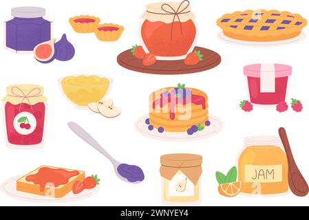 Marmelade und Marmelade. Marmeladen in Gläsern, hausgemachte Konfitüren und süße Desserts. Leckere Frühstückstoasts und Pfannkuchen, Kuchen mit Beere, rassiges Vektorset Stock Vektor