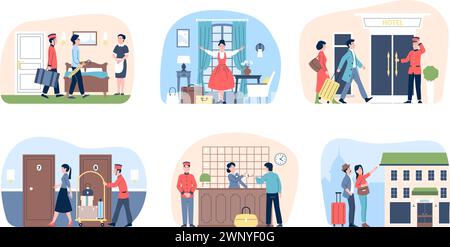 Reisende im Hotel. Einladendes Personal, Zimmerservice und Portier mit Gepäck. Rezeptionist und Reinigung. Tourismus oder Geschäftsreisen, aktuelle Vektorszenen Stock Vektor