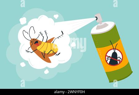 Schaben-Sprühköder. Hausinsekte gestorben, Haushalt und Hygiene. Insektizid in der Flasche, tötet schmutzige Käfer, eine klassische Vektorszene Stock Vektor