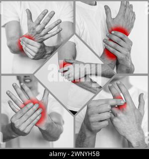 Menschen mit Rheuma, schwarz-weiß-Effekt mit rotem Akzent. Collage von Fotos Stockfoto