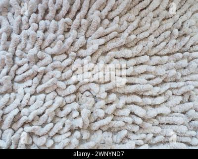 Nahaufnahme eines langen Haufens auf dem Teppich in Beige oder Grau. Rutschfeste Badvorleger oder Toilette. Langer Teppich. Zecken in Teppichen Stockfoto