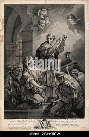Ein Kupferstich von Papst Gregor I. (auch bekannt als Heiliger Gregor der große) aus dem Jahr 1769, der von 590 bis 604 n. Chr. Pontiff war. Er war der 64. Papst. Er war es, der den Gesang des Chors einführte, der als Gregorianischer Chant bekannt ist. In diesem Bild wird er gezeigt, wie er ein Wunder bei einer Messe vollbringt Stockfoto