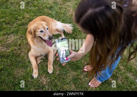 Eine Frau macht ein Handy-Foto von ihrem Hund auf dem Gras Stockfoto