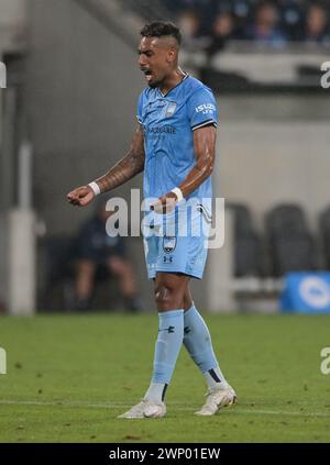 Parramatta, Australien. März 2024. Fábio Gomes vom Sydney FC Team reagiert während des Spiels der Isuzu Ute A-League 2023/24 in der Runde 19 zwischen Western Sydney Wanderers FC und Sydney FC, das im CommBank Stadium ausgetragen wird. Endstand Sydney FC 4:1 Western Sydney Wanderers. Quelle: SOPA Images Limited/Alamy Live News Stockfoto