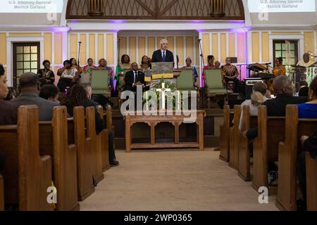 Selma, Alabama. März 2024. US-Staatsanwalt Merrick Garland hält eine Rede in der Tabernacle Baptist Church, um den 59. Jahrestag des Bloody Sunday am 3. März 2024 in Selma, Alabama, zu feiern. Kredit: Christian Monterrosa/Pool über CNP/dpa/Alamy Live News Stockfoto