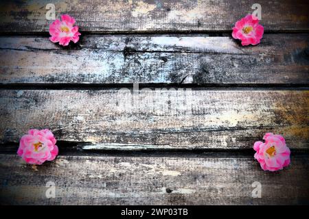 Knospen von rosafarbenen Rosen auf hölzernem Hintergrund. Vier schöne Rosen liegen auf dem Tisch in den Ecken. Kopierbereich. Freier Platz für Text Stockfoto