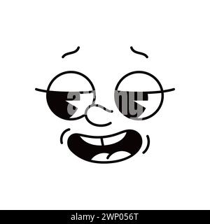 Comic-Comic-Emoji. Retro-Animation niedliches Persönlichkeitsgesicht, groovie positives menschliches Emoticon oder komisches lustiges Vektor-Emotionsausdrucksgesicht. Karikatur glücklich lächelnde Stimmung monochrome Emoji Stock Vektor