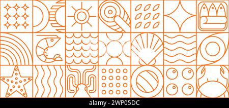 Fisch und Meeresfrüchte in moderner Linie geometrisches Muster oder Mosaikfliese, Vektor-Hintergrund. Meeresfrüchte-Muster in dünner Liniengeometrie mit Garnelen oder Lachs, Krabben und Austern, Sardinen und Kaviar in geometrischer Form Stock Vektor