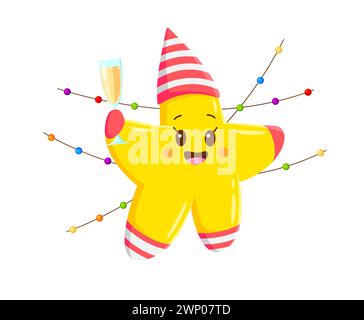 Cartoon-Kawaii-Star-Figur, die eine Geburtstagsparty feiert. Isolierte Vektorgelb funkelnde Persönlichkeit in Partyhut, Strahlen mit Freude, umgeben von Farbe Stock Vektor