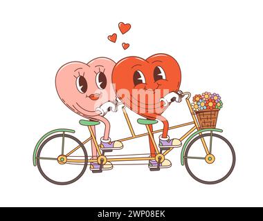 Cartoon groovige Valentine Herz Paare Charaktere auf Fahrrad, Vektor Retro 70er Jahre Hippie Kunst. Glückliches Herzpaar verliebt auf dem Tandemfahrrad mit Blume Stock Vektor