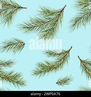 Nahtloses Muster. Blauer Hintergrund. Isolierte Illustration von Tannenzweigen mit Aquarellfarbe. Grüner Naturwald weihnachtsbaum. Nadeln Zweige grüne Hand Stockfoto