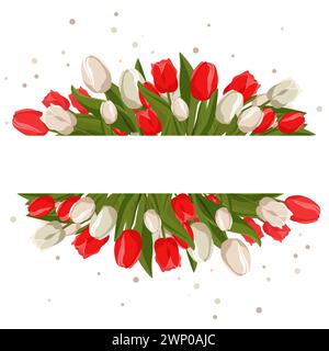 Rechteckiger Federrahmen mit weißen roten Tulpen für Wörter und Text. Vektor-Hintergrundschablone mit Blumen für Design, Grußkarte, Banner, Brett, f Stock Vektor