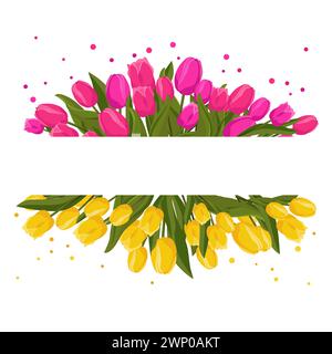 Rechteckiger Rahmen mit rosa gelben Tulpen für Wörter und Text. Vektor-Hintergrundschablone mit Blumen für Design, Grußkarte, Banner, Brett, Stock Vektor