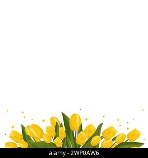 Frühlingsbanner mit gelben Tulpen für Wörter und Text. Vektor-Hintergrundschablone mit Blumen für Design, Grußkarte, Rahmen, Brett, Flyer, Verkauf, Pos. Stock Vektor