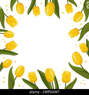 Quadratischer Federrahmen mit gelben Tulpen für Wörter und Text. Vektor-Hintergrundschablone mit Blumen für Design, Grußkarte, Banner, Brett, Flyer, sa Stock Vektor