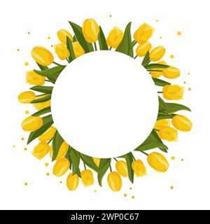 Runder Federrahmen mit gelben Tulpen für Wörter und Text. Vektor-Hintergrundschablone mit Blumen für Design, Grußkarte, Banner, Brett, Flyer, sal Stock Vektor