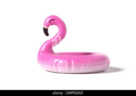 Rosa Flamingo aufblasbarer Ring isoliert auf weißem Hintergrund. 3D-Rendering. Stockfoto