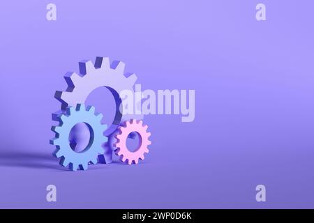 Pastellfarbene Zahnräder oder Zahnräder auf violettem Hintergrund. Industrielle Automatisierung, Fortschritt und Technologiekonzepte. 3D-Rendering. Stockfoto