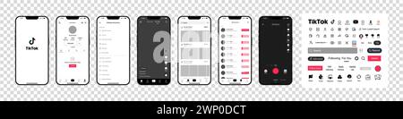 TIK Tok-Design. Tik Tok-Bildschirmvorlage für soziale Medien und soziale Netzwerke einrichten. Homepage, Empfehlungen, Abonnements. TIK Tok Bilderrahmen. Stock Vektor