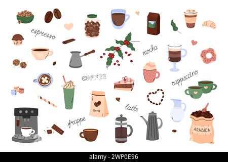 Coffee Break Vector Doodles Set. Morgens Kaffeetasse Cappuccino, Espresso, Frappe und Mokka. Niedliche Elemente im Zeichentrickdesign. Einfach handgezeichnet Stock Vektor
