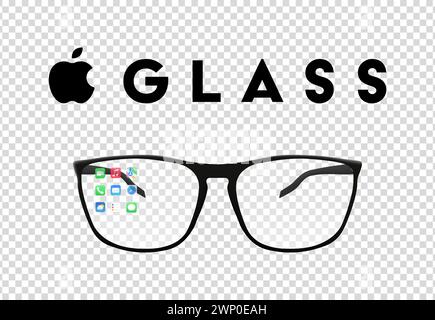 Apfelglas. Realistische Smart-Brillen von Apple, macos, Brillen mit iphone-Apps. Virtual Reality, Metaverse, Augmented Reality, VR. Mikro-LED, 4K mm Verstellung Stock Vektor