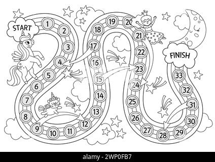 Schwarz-weiße Würfel-Brettspiel für Kinder in Regenbogenform. Märchenhaftes Linienbrettspiel mit Fantasy-Tieren, Märchen, Mond, Sternen. Magische Welt Stock Vektor