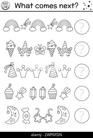 Was kommt als Nächstes? Einhornschwarz-weiß-passende Aktivität für Vorschulkinder. Lustiges Fantasy World Puzzle. Magisches logisches Arbeitsblatt. Fahren Sie mit fort Stock Vektor