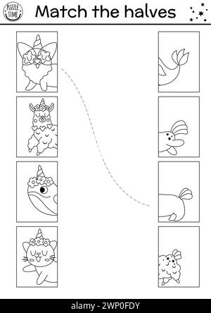 Schwarz-weißes Einhorn verbindet das Arbeitsblatt für die Hälften. Spiel mit Tieren mit Hörnern und Schwänzen. Die Aktivität „Köpfe und Tails vergleichen“ Stock Vektor