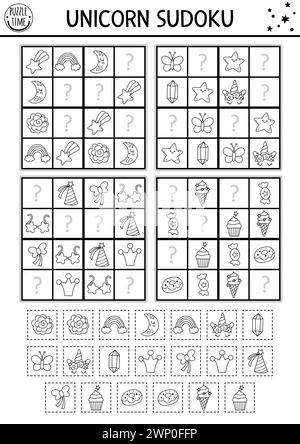 Vektor schwarz-weiß Einhorn Sudoku Puzzle für Kinder. Märchenhaftes Quiz mit Schnitt- und Klebeelementen. Bildungsaktivität oder Ausmalseite mit Regenbogen, cr Stock Vektor