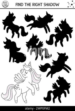 Einhornschatten-Matching-Aktivität mit Pferd mit Horn, Flügeln. Magic World schwarz-weiß Puzzle mit Charakter. Finden Sie die richtige bedruckbare Silhouette Stock Vektor