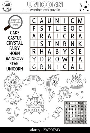 Vektor schwarz-weiß Einhorn Wortsuche Puzzle für Kinder. Quiz zur Suche nach magischen Wörtern. Pädagogische Aktivität mit Fee, Regenbogen, Schloss, Kristallen, Stern. F Stock Vektor