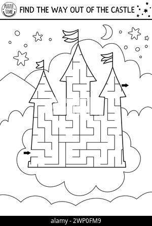 Märchenhaftes geometrisches Labyrinth in Schwarz und weiß für Kinder. Vorschullinie druckbare Aktivität in Form eines Einhornschlosses auf Wolken mit Himmel, Sternen und Mond. Magie Stock Vektor