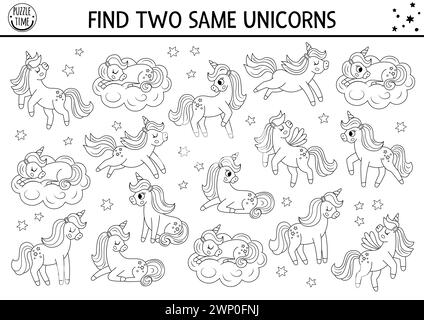 Finde zwei Einhörner-Ausmalseiten. Magic World Matching-Aktivität für Kinder. Fantasy- oder märchenhafte Lernquiz-Arbeitsblatt für Kinder. Schwarz und Stock Vektor