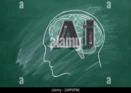 Zwei Mikrochips in Form der Buchstaben AI, die in das menschliche Gehirn integriert sind, repräsentieren die innovative Verschmelzung von Technologie und Kognition. Künstlich Stockfoto