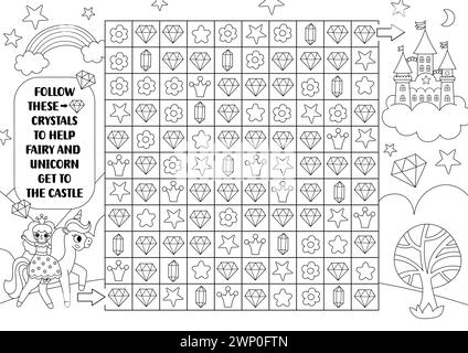 Einhornlabyrinth in Schwarz und weiß, Suche und finde Spiel mit Edelsteinen, Sternen, Blumen. Märchenhafte, druckbare Aktivität für Kinder. Logisches Such-Puzzle, Färbung Stock Vektor