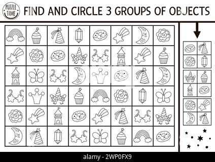 Einhornschwarz und weiß suchen und finden Spiel. Aufmerksamkeit Fähigkeiten Puzzle mit Regenbogen, Kristall, Stern. Märchenhafte, druckbare Aktivität für Kinder. Suchen Sie Gruppen von Stock Vektor