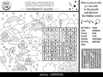 Vektor schwarz-weiß Einhorn Wortsuche Puzzle für Kinder. Einfaches Quiz zur Wortsuche mit Fantasy Country-Landschaft. Pädagogische Aktivität mit Schloss, r Stock Vektor