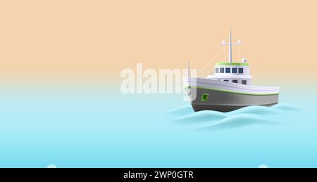 3D realistische Landschaft mit Fischerbooten im Cartoon-Stil, Schiff im Meer oder Ozean mit Volumenwellen, Banner Stock Vektor