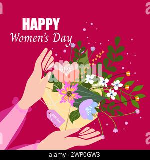 Internationaler Frauentag. Frau mit Blumenstrauß im Frühling. Vektorabbildung Stock Vektor