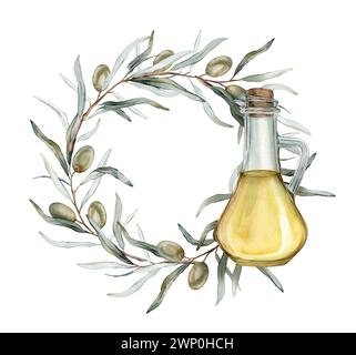 Rundkranz mit grünem Obst und grünen Blättern. Olivenöl in Glasflasche. Handgezeichnete Illustration natürlicher kreisförmiger Rahmen Stockfoto