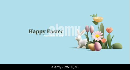 Happy Easter Banner mit 3D-Darstellung Ostereier und Osterhase in Blumen und Grasfeld, Eierjagd Komposition Stock Vektor