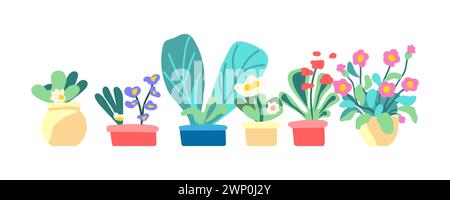 Botanisches Set von Frühlings-Innenpflanzen. Blumen und Blätter im Topf. Blühende Pflanzen. Blühende Blumen und Laub. Flache grafische Vektorillustration auf weißem Hintergrund. Bunte handgezeichnete Illustration. Stock Vektor