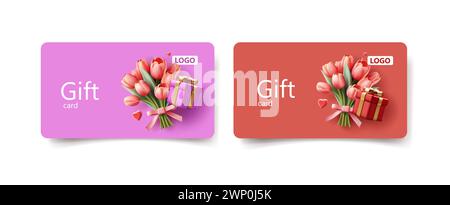 Geschenkgutschablone mit realistischem 3D-Rendering-Frühlingstulpen-Bouquet mit Geschenkbox und Herzen, isoliertes Designelement in 2 Farben Stock Vektor