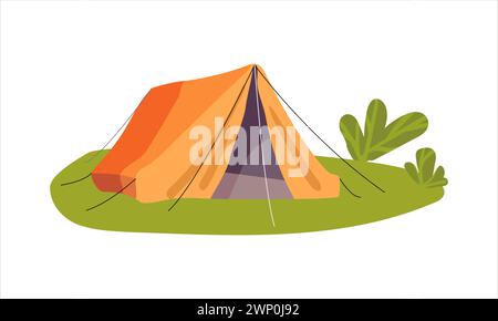 Orangefarbenes Dreieckszelt für Camping, Abenteuertourismus und Reisen, Bushcraft und Rucksacktouren auf einer grünen Wiese mit Büschen. Isoliertes Objekt auf weißem Hintergrund. Zeichentrickvektor-Illustration... Stock Vektor