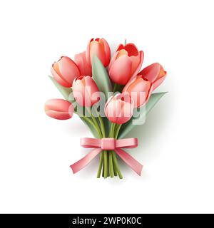 Tulpenstrauß 3D-Illustration mit rosa Schleife, realistische 3D-Rendering-Illustration, isoliertes Grafikelement Stock Vektor